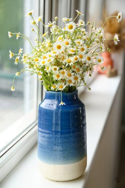Pencere kenarında taze papatya çayı olan vazo.