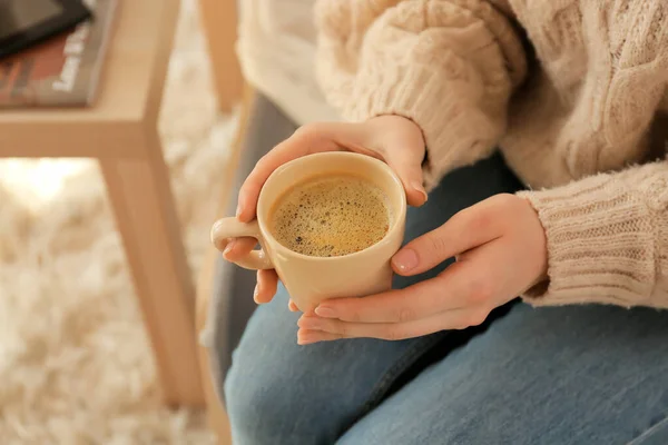Young Woman Cup Coffee Home Closeup — Stock Photo, Image