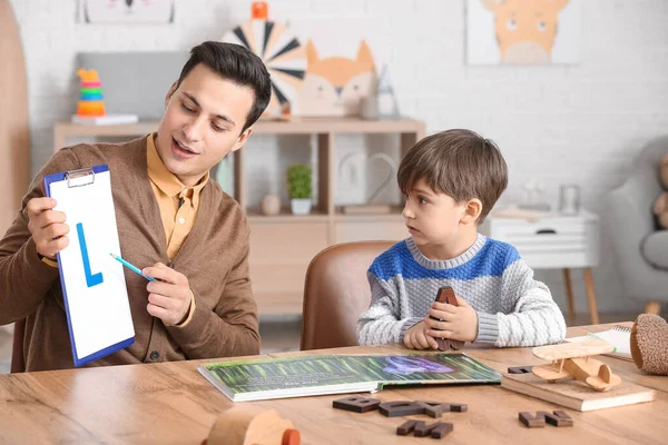 Speech Therapist Working Little Boy Office — Stock Photo, Image