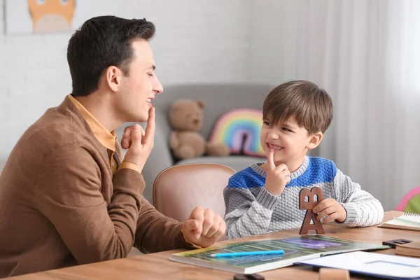 Cute Little Boy Training Pronounce Letters Speech Therapist Office — Stock Photo, Image