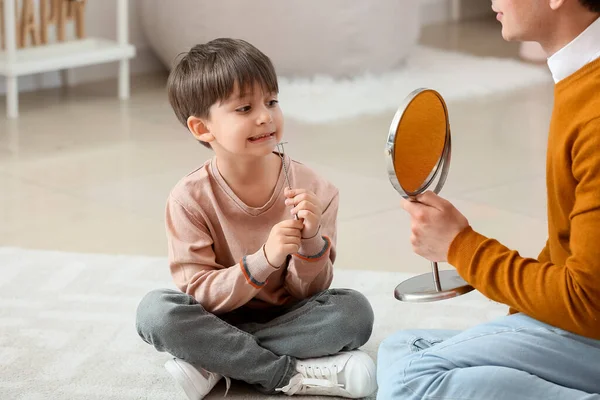 Little Boy Training Pronounce Letters Speech Therapist Office — Stock Photo, Image