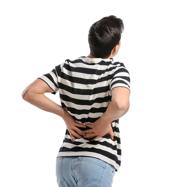 Young Man Suffering Back Pain White Background — Stock Photo, Image