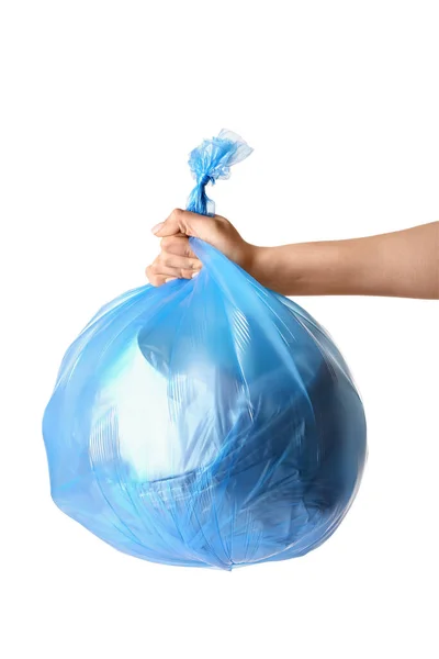 Mulher Segurando Saco Com Lixo Fundo Branco — Fotografia de Stock