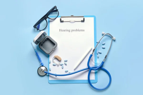 Clipboard Text Hearing Problems Stethoscope Pills Color Background — Stock Photo, Image