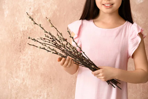 Little Girl Willow Branches Color Background — Stock Photo, Image