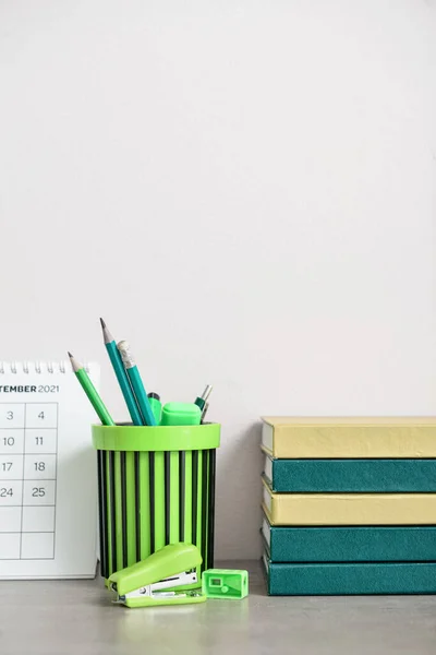 Stylish Workplace Notebooks Stationery White Wall — Stock Photo, Image