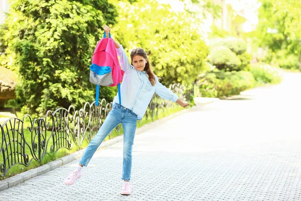 Little Schoolgirl Backpack Outdoors — Stock Photo, Image