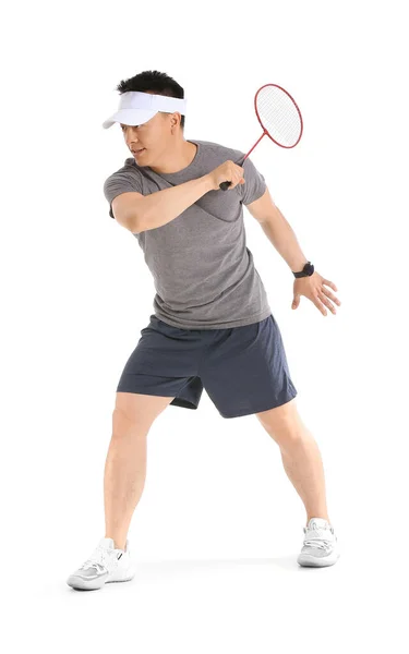 Sportlicher Männlicher Badmintonspieler Auf Weißem Hintergrund — Stockfoto