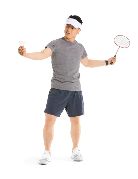 Sportlicher Männlicher Badmintonspieler Auf Weißem Hintergrund — Stockfoto
