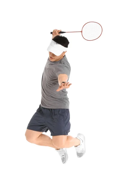 Jumping Male Badminton Player White Background — Stock Photo, Image