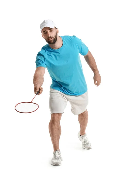 白い背景にスポーティ男性バドミントン選手 — ストック写真