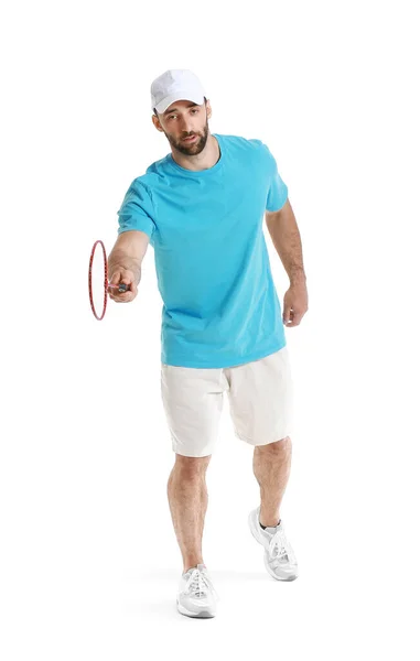 Sporty Male Badminton Player White Background — Stock Photo, Image