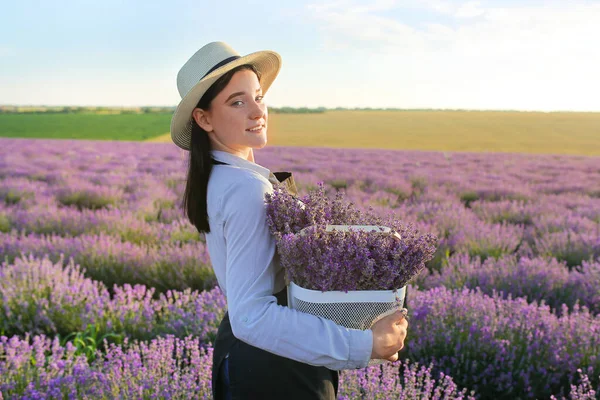 Female Farmer Holding Basket Lavender Flowers Field — Stock Photo, Image