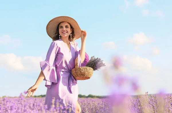 Lavanta Tarlasında Güzel Genç Bir Kadın — Stok fotoğraf