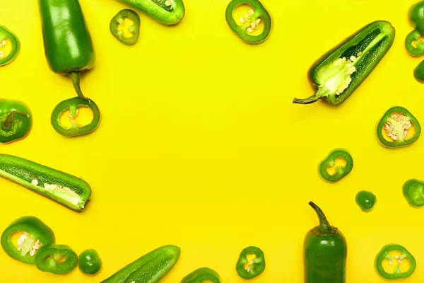 Frame Made Cut Green Jalapeno Peppers Color Background — Stock Photo, Image