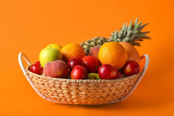 Basket Fresh Fruits Color Background — Stock Photo, Image