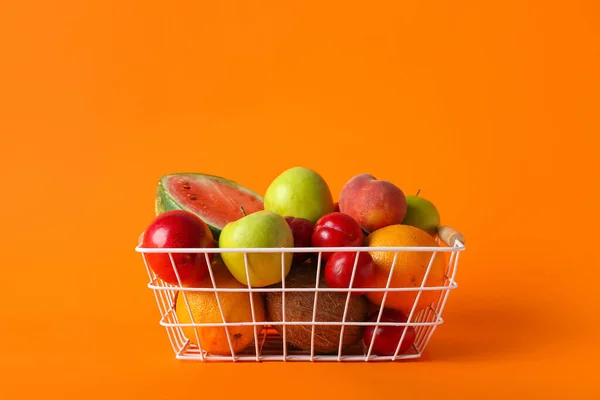Basket Fresh Fruits Color Background — Stock Photo, Image