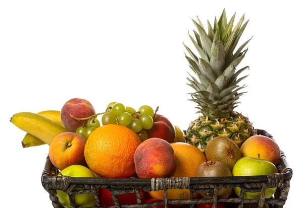 Cesta Com Frutas Frescas Fundo Branco Close — Fotografia de Stock