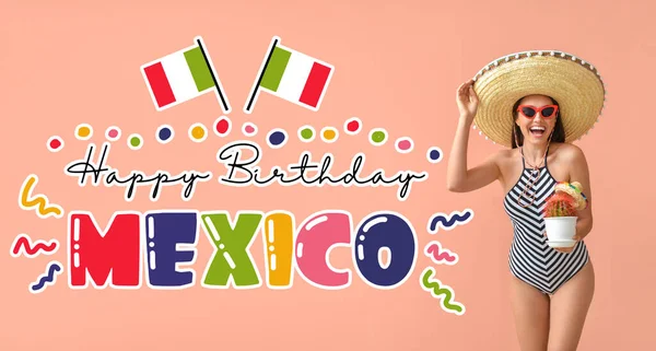 Tarjeta Felicitación Para Día Independencia México Con Hermosa Joven Sombrero — Foto de Stock