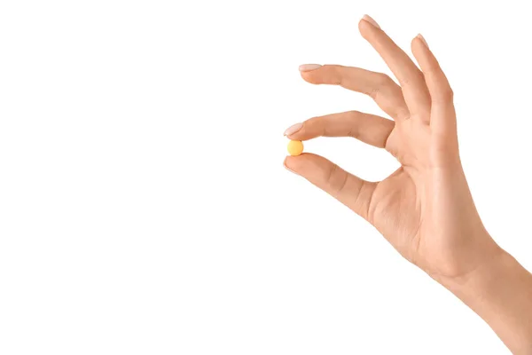 Weibliche Hand Und Pille Auf Weißem Hintergrund — Stockfoto