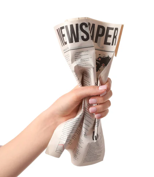 Female Hand Crumpled Newspaper White Background — Stock Photo, Image