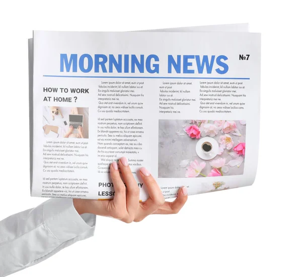 Female Hand Newspaper White Background — Stock Photo, Image