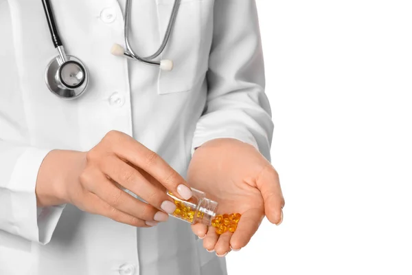 Female Doctor Taking Pills White Background — Stock Photo, Image