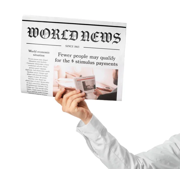 Männliche Hand Und Zeitung Auf Weißem Hintergrund — Stockfoto