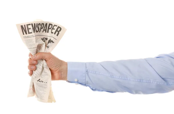 Male Hand Crumpled Newspaper White Background — Stock Photo, Image