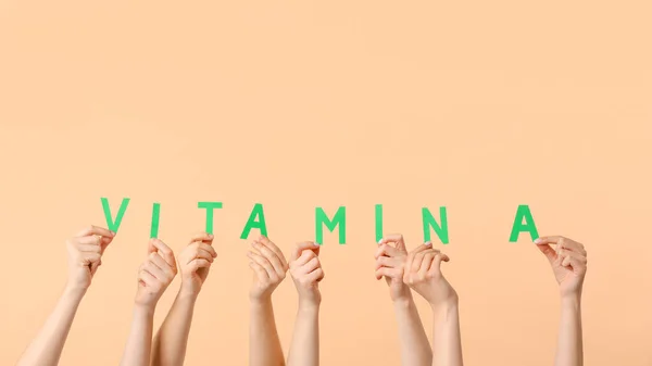 Female Hands Text Vitamin Color Background — Stock Photo, Image