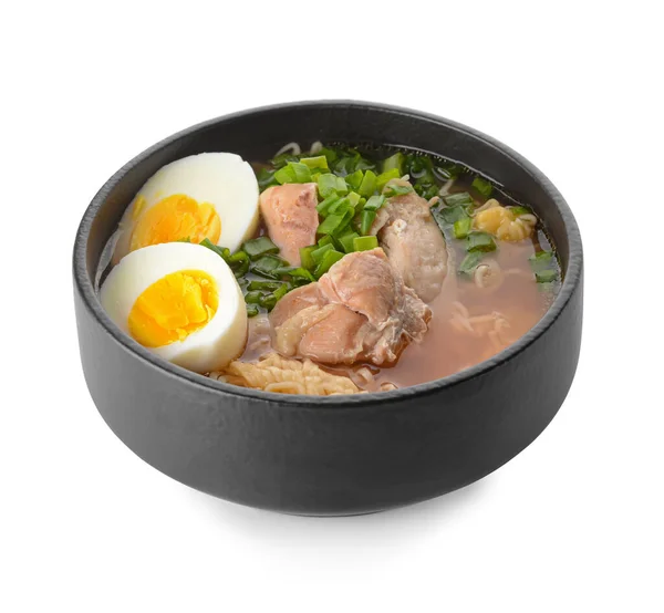 Smaklig Kinesisk Soppa Med Kyckling Skål Vit Bakgrund — Stockfoto
