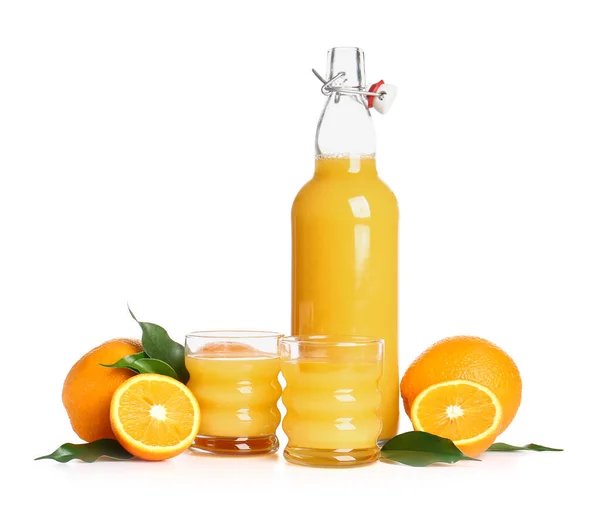 Bottle Glasses Tasty Orange Juice White Background — Stock Photo, Image