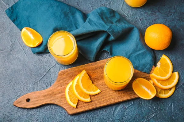 Glasses Tasty Orange Juice Color Background — Stock Photo, Image