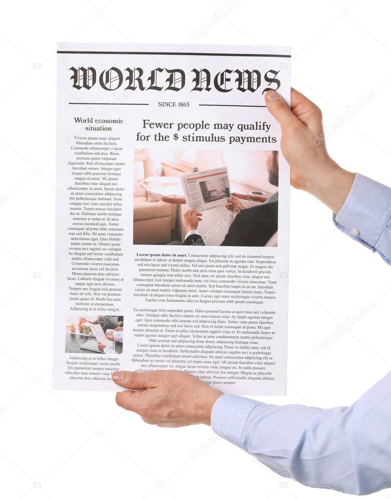 Male hands and newspaper on white background