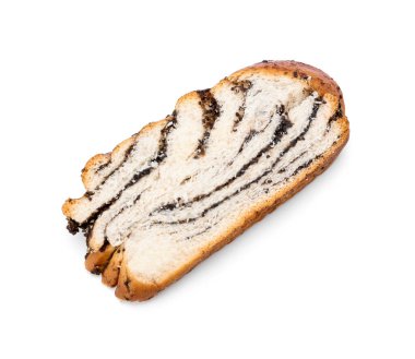 Beyaz arka planda lezzetli haşhaşlı çörek dilimi