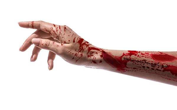 白い背景に血で覆われた人間の手 ハロウィンお祝い — ストック写真