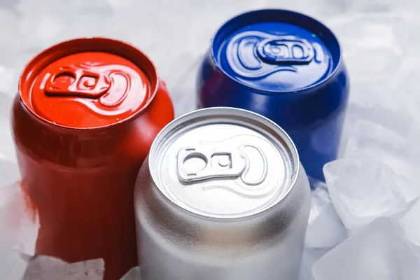 Cans Soda Ice Cubes Closeup — Stock Photo, Image