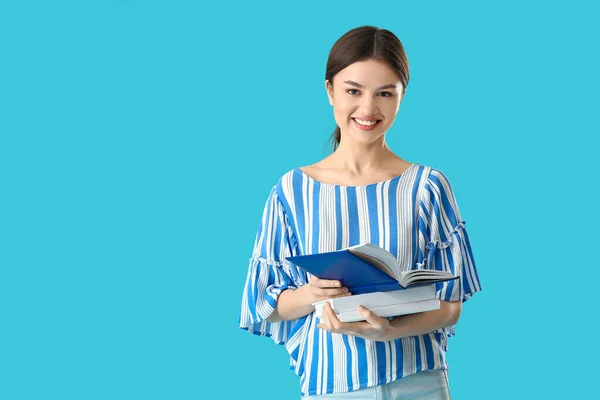 Young Woman Books Color Background — Stock Photo, Image