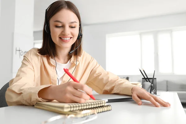 Young Woman Writing Something Notebook Home — Stock Photo, Image