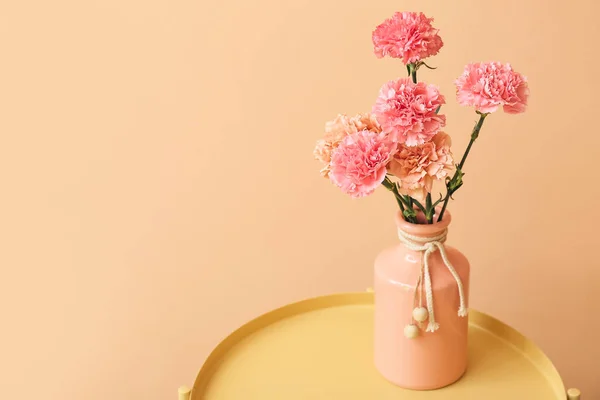 Vase Beautiful Carnation Flowers Table Color Wall — Stock Photo, Image