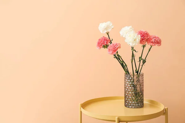 Vase Beautiful Carnation Flowers Table Color Wall — Stock Photo, Image