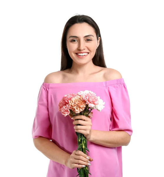 Jeune Femme Avec Belles Fleurs Oeillet Sur Fond Blanc — Photo