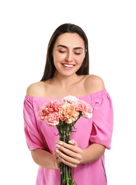 Ung Kvinna Med Vacker Nejlika Blommor Vit Bakgrund — Stockfoto