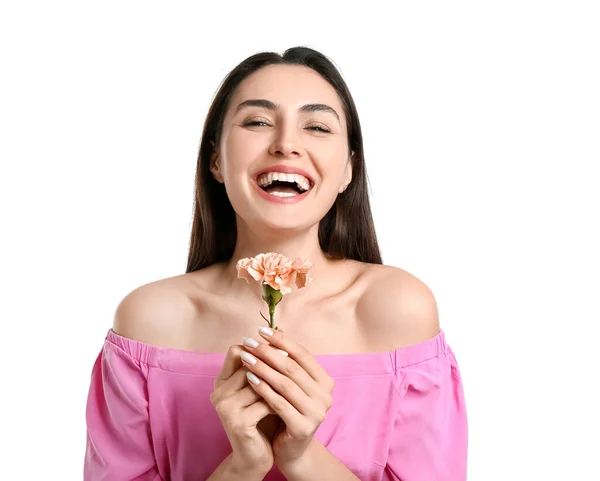 Ung Kvinna Med Vacker Nejlika Blomma Vit Bakgrund — Stockfoto
