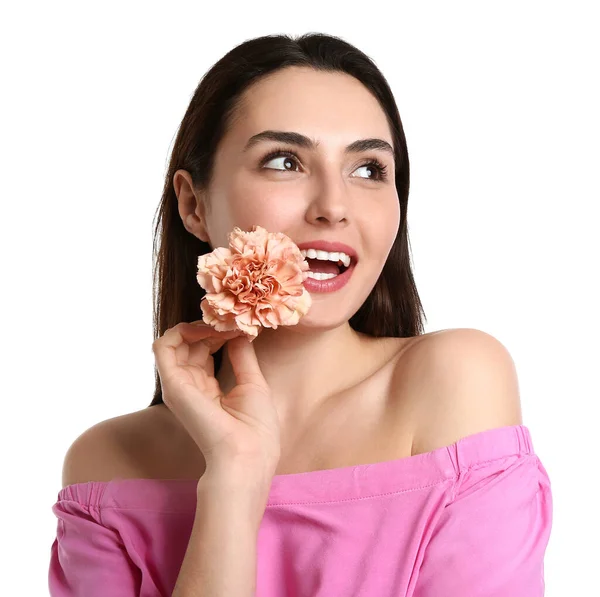 Young Woman Beautiful Carnation Flower White Background — Stock Photo, Image