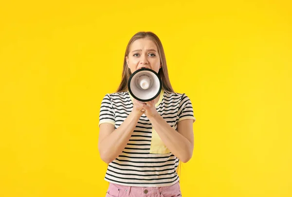 Young Woman Shouting Megaphone Color Background — Stock Photo, Image