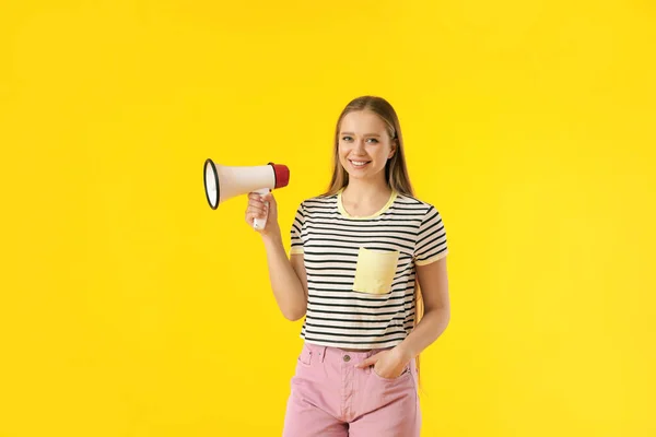 Young Woman Megaphone Color Background — Stock Photo, Image