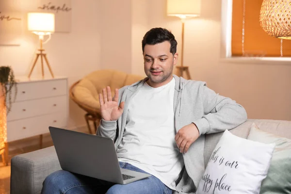 Young Man Video Chatting Home Late Evening — Stock Photo, Image
