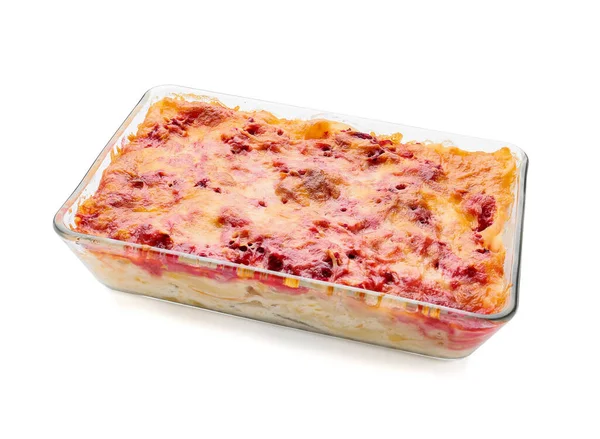 Piatto Cottura Con Gustose Lasagne Vegetali Sfondo Bianco — Foto Stock