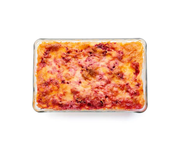 Pečení Miska Chutnými Zeleninovými Lasagne Bílém Pozadí — Stock fotografie